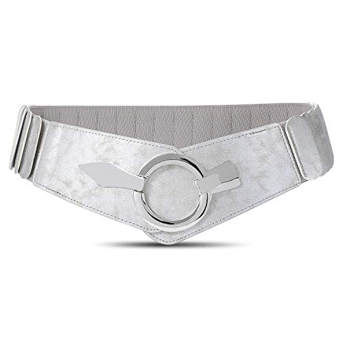 WHIPPY Women Wide Elastic Waist Belt Vintage Wide Stretch Waist Belt Fashion Retro Leather Waistband for Dresses, Silver, S - Image 4