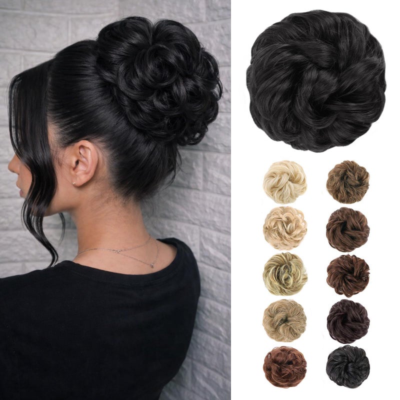 MORICA Messy Hair Bun Hair Scrunchies Extension Curly Wavy Messy Bun Hair Synthetic Chignon Hairpieces for Women(Jet Black) - Image 1