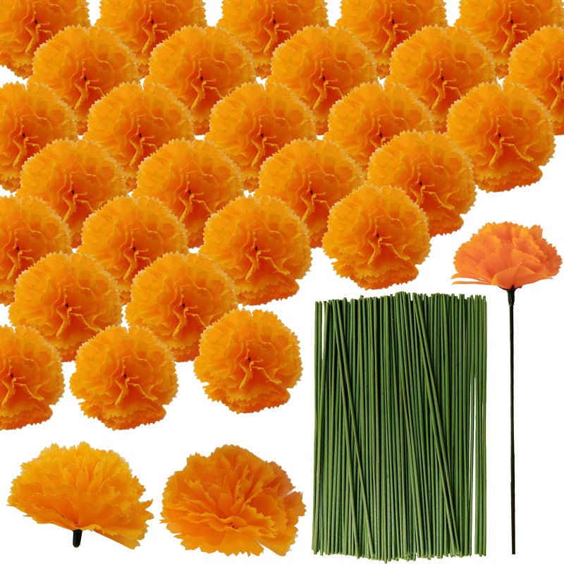 ROYHOO 50PCS Marigold Flower Heads Bulk Silk Marigold with Stems Artificial Flowers for Diwali Home Decor Day of The Dead Wreath Garland - Image 2