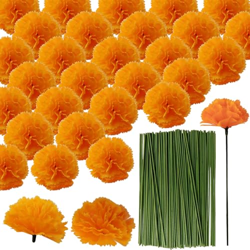 ROYHOO 50PCS Marigold Flower Heads Bulk Silk Marigold with Stems Artificial Flowers for Diwali Home Decor Day of The Dead Wreath Garland - Image 1