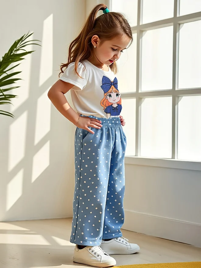 تايك تو Take Two Kids Blue Polka Dot Printed T-Shirt and Wide Leg Pant Pack of 2