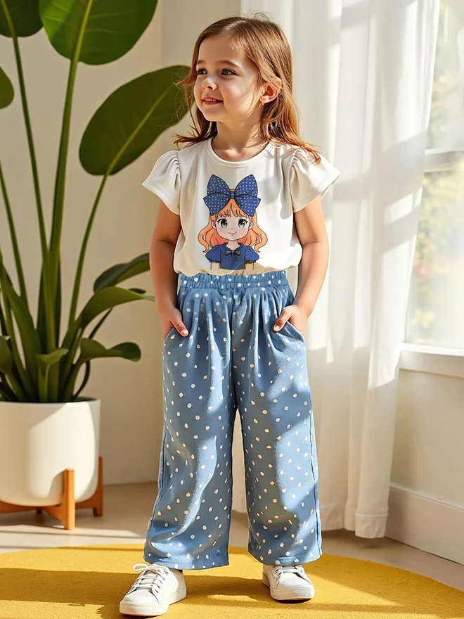 تايك تو Take Two Kids Blue Polka Dot Printed T-Shirt and Wide Leg Pant Pack of 2