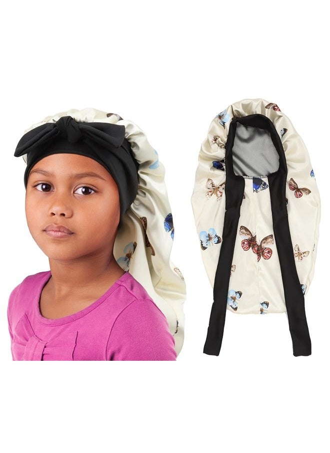 brcok Kids Braid Long Bonnet Girls Satin Bonnet Sleeping Cap Double Layer with tie Band Silk Hair Bonnet for Toddler Child (Kids Long Butterfly)  - Image 1