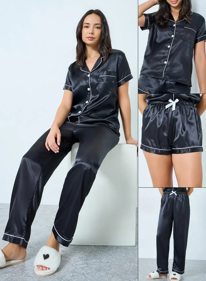 Take Two Pack of 3 - Contrast Piping Detail Shirt, Pyjama and Shorts Set