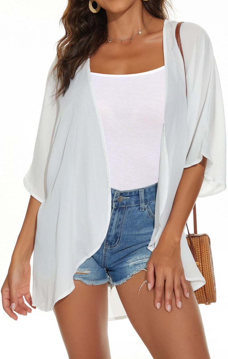 JILUVIN Womens Kimono Cardigans Beach Cover ups Swimwear Puff Sleeve Loose Casual Summer Tops (White,L) - Image 1
