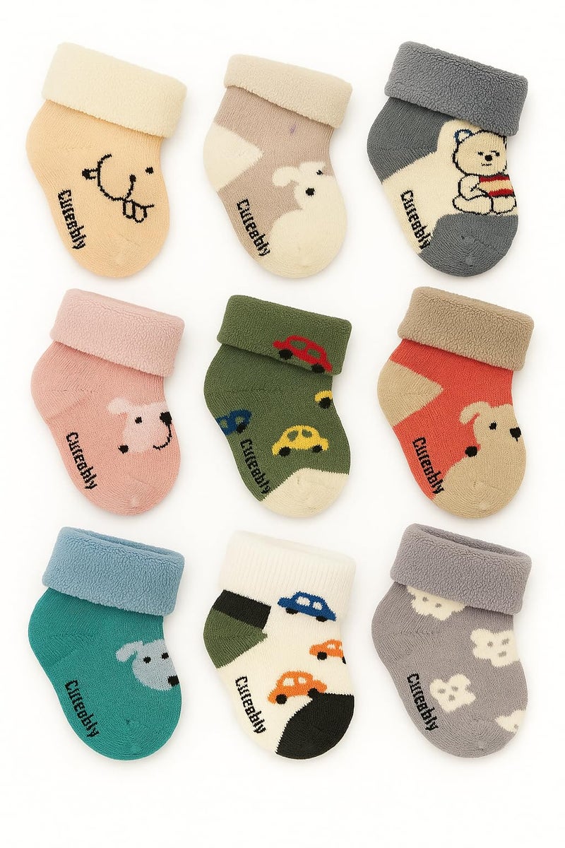 CUTEABLY Baby Socks, 0-12 Months, Cotton Blend, Animal Print Design, Thermal Winter Socks, Multicolour (IN, Age, 6 Months, 12 Months, 6, Multicolour) - Image 1
