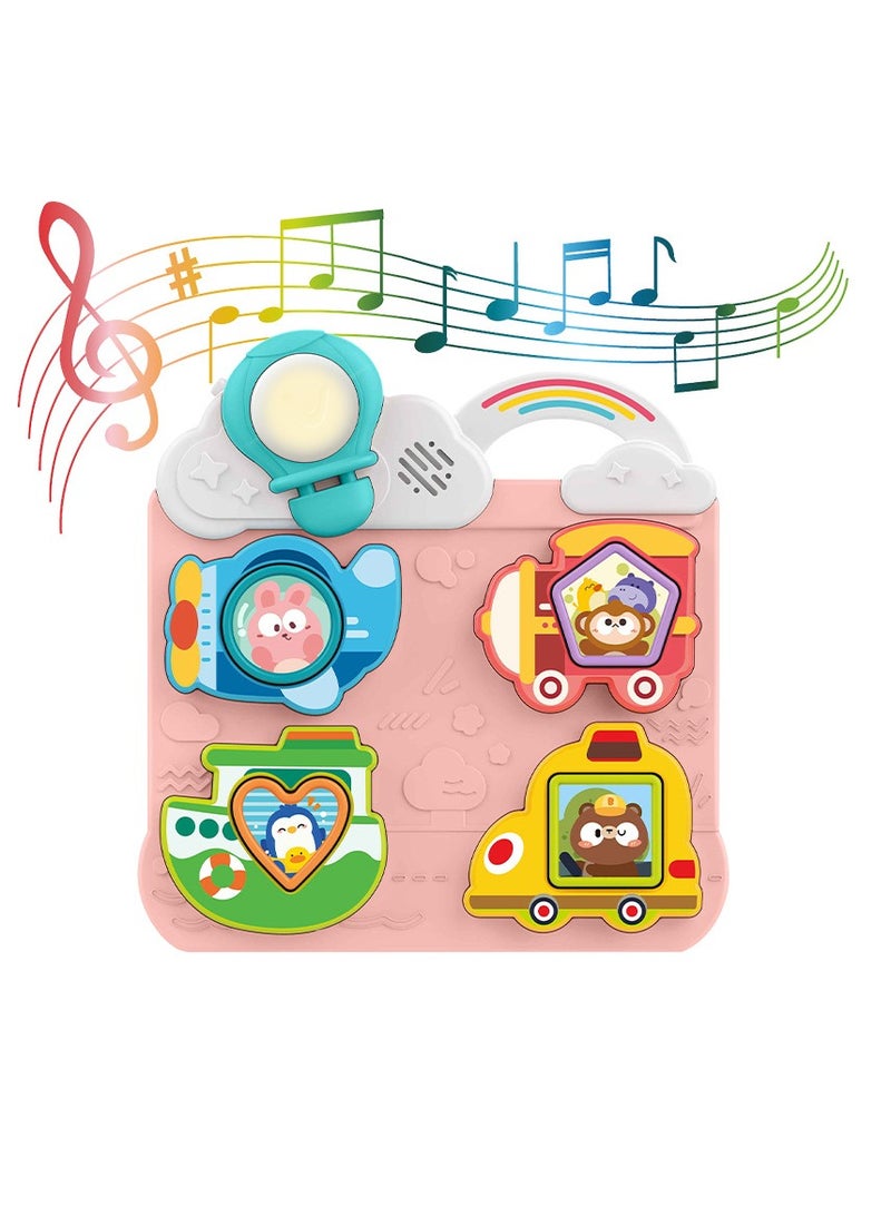 Montessori Early Education Busy Board Light Music Fun Traffic Fruit Building Blocks Matching Children's Educational Cognitive Toys (HE8088 Pink) - Image 1