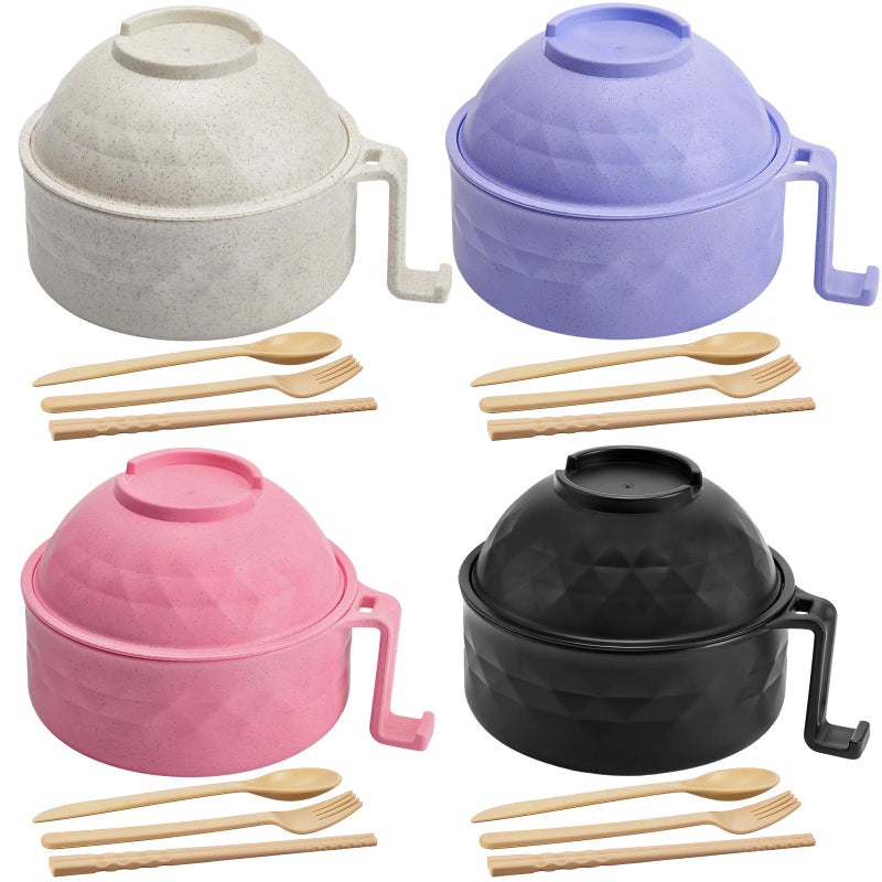 Romooa 4 Sets Microwave Ramen Cooker Set 33 oz Quick Ramen Bowl Set Microwave Noodle Cooker with Handle Noodle Bowl with Spoon Chopsticks Fork College Dorm RoomBlack Beige Pink Purple