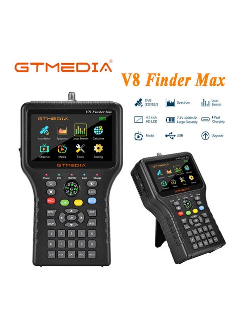 V8 Finder max Satellite Finder Digital FTA DVB-S/S2/S2X Sat Signal Measuring Meter Detector Receiver H.265 8bit for Adjusting Sat Dish with 4.3 Inch LCD Screen, Compass, Speaker Integrated