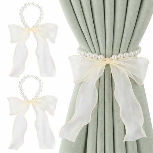 Ynaquest 2 PCS Pearl Curtain Tiebacks, DIY Bow Curtain Tie Backs White Pearl Curtain Ties Set Decorative Curtains Holdbacks for Home Office Bedroom Living Room Wedding Party Decoration - Image 1