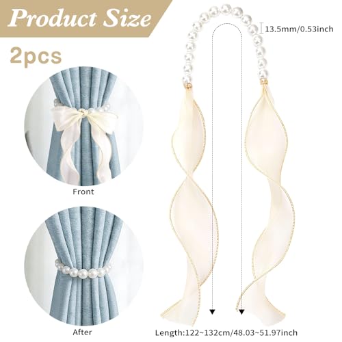 Ynaquest 2 PCS Pearl Curtain Tiebacks, DIY Bow Curtain Tie Backs White Pearl Curtain Ties Set Decorative Curtains Holdbacks for Home Office Bedroom Living Room Wedding Party Decoration - Image 3