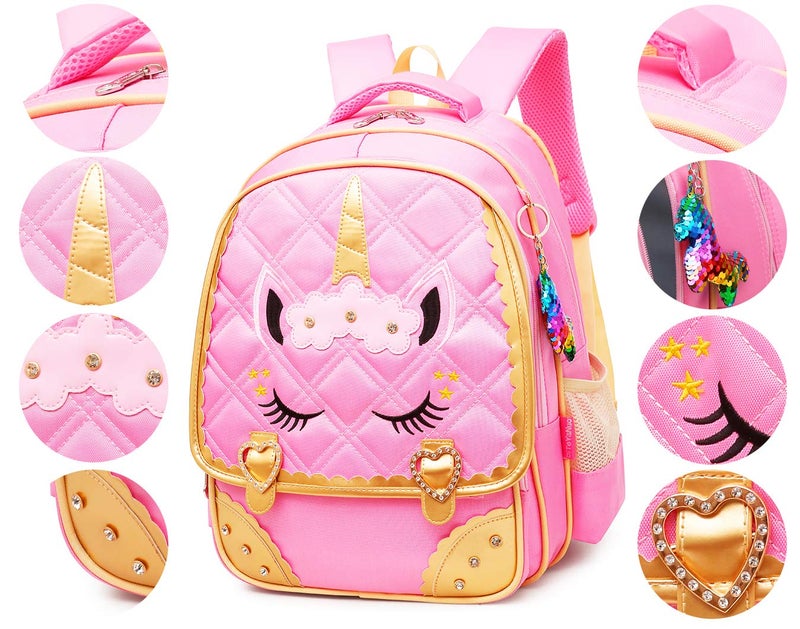 Moonmo Cute Unicorn Face Diamond Bling Waterproof Pink School Backpack Set Girls Book Bag (Large, Pink Set) - Image 3