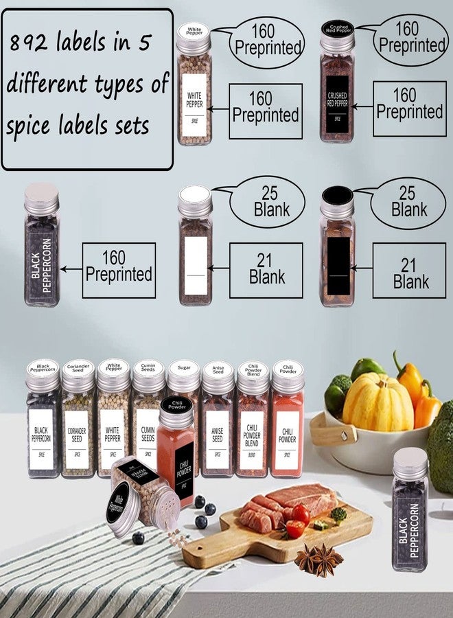 SWOMMOLY 892 Spice Jar Labels in 5 Different Types of Spice Labels with Chalk Marker Set.800 Printed Spice Labels with 92 Extra Write-on Labels Stickers for DIY, Waterproof & Tear-Resistant. - Image 2