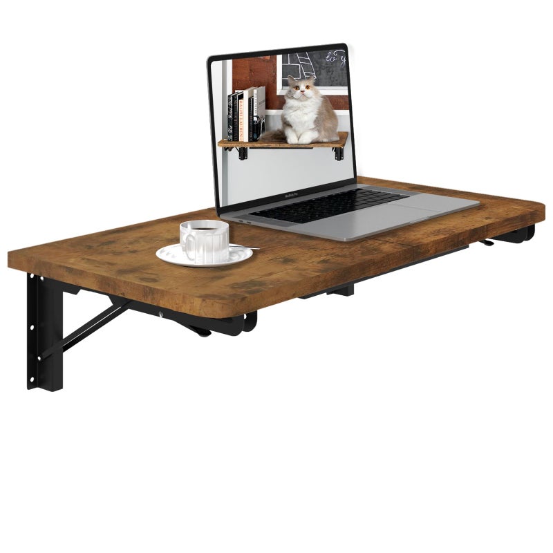 TEAMIX Wall Mounted Folding Table, Rustic Brown Floating Wall Desk for Small Spaces, Drop Leaf Dining Table for Kitchen Fold Down Laundry Shelf with Heavy-Duty Brackets - Image 1
