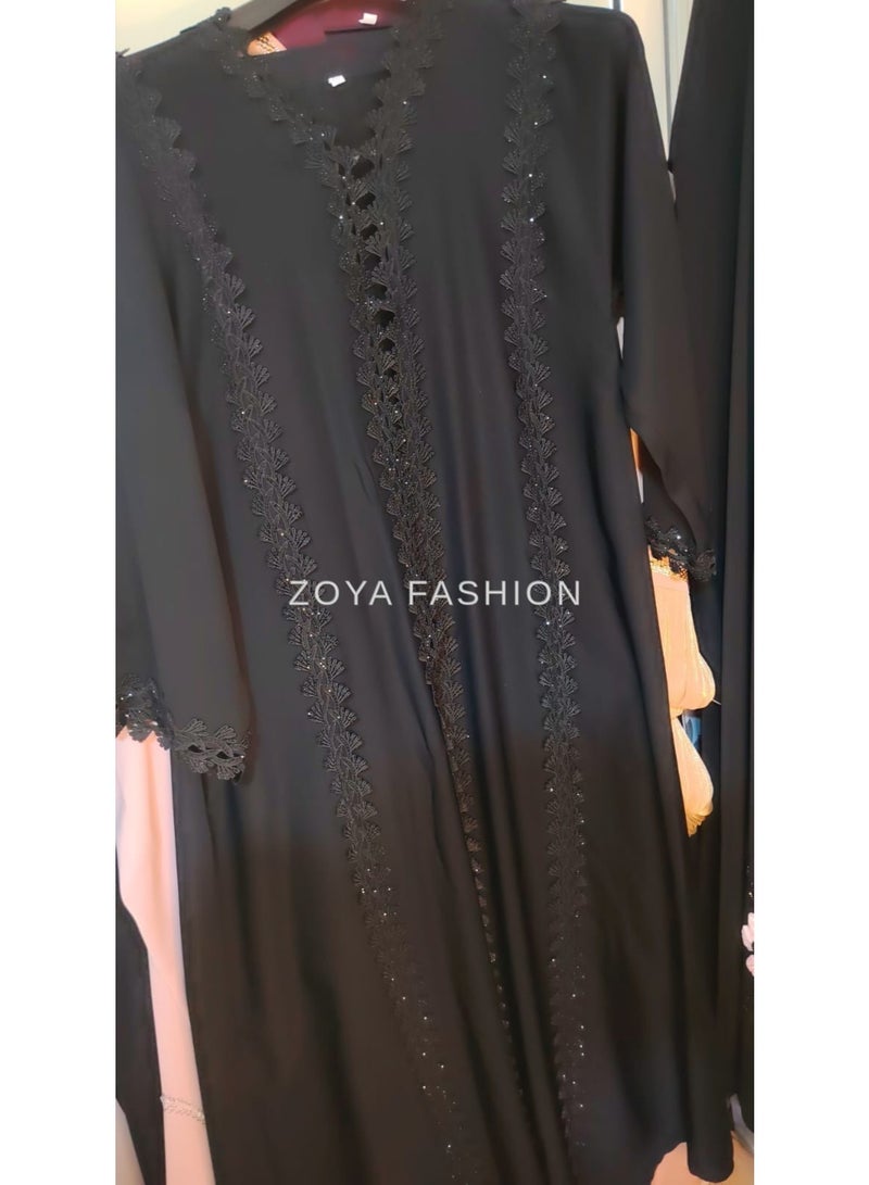 Classic Black Lace Abaya with Lace Detailing, Front-open Fit - Image 4