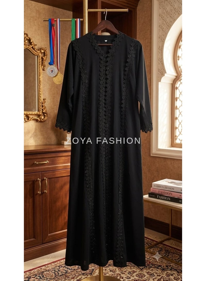 Classic Black Lace Abaya with Lace Detailing, Front-open Fit - Image 2