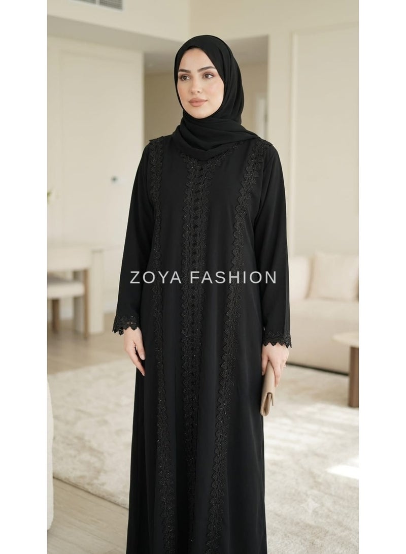 Classic Black Lace Abaya with Lace Detailing, Front-open Fit - Image 1