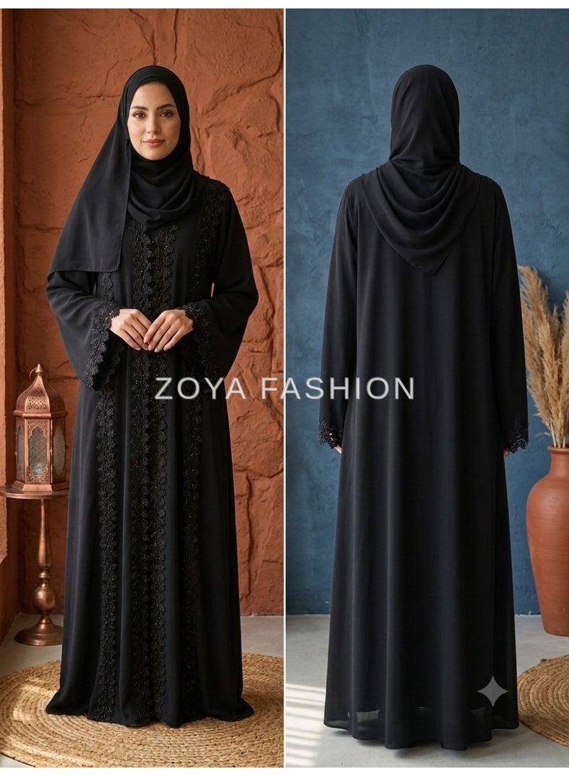 Classic Black Lace Abaya with Lace Detailing, Front-open Fit - Image 3