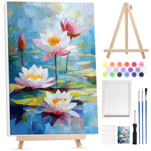 Bowetile Framed Paint by Numbers for Adults Beginners with Wooden Easel Flowers Lotus Adults PaintbyNumber Kits on Canvas Easy DIY Acrylic Number Painting for Home Decor Birthday Gifts 8x12in
