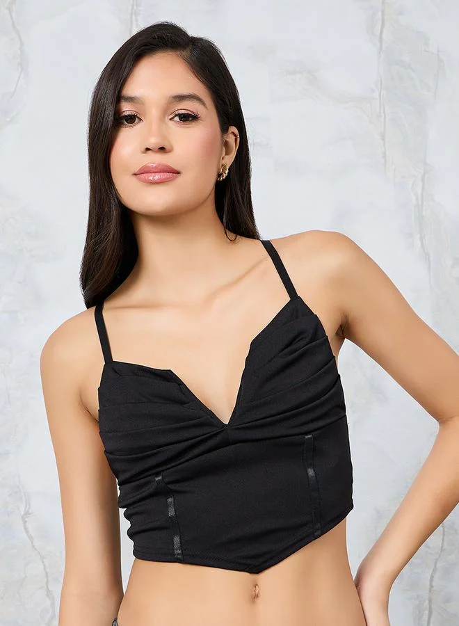 Styli Non Padded Non Wired Pleated Cups Longline Deep V Plunge Bra