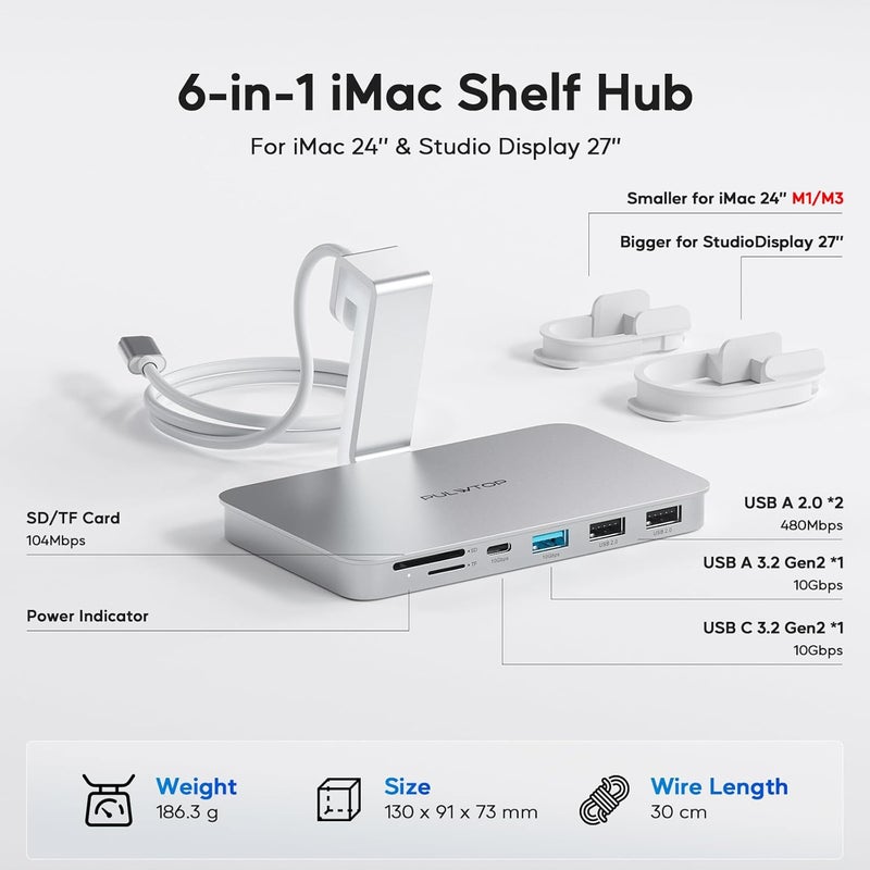 PULWTOP إكسسوارات iMac لأجهزة i-Mac 2021/2023/2024، محور USB C من لـ iMac مع USB A/C 10 جيجابت/ثانية، محور لـ M1/M3/M4، منفذي USB A 2.0، قارئ بطاقات SD/TF لـ iMac 24 بوصة وشاشة Studio Display 2 (فضي-1) - Image 2