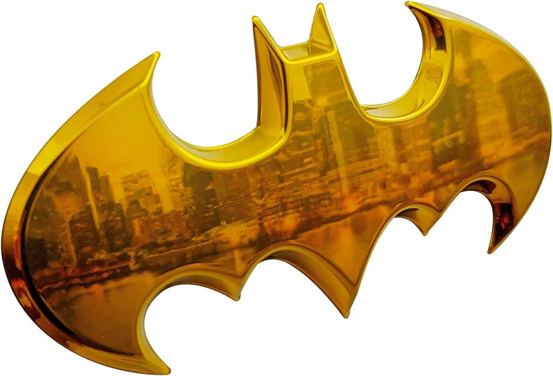 Fan Emblems Batman Car Emblem - 1989 Batwing Batarang Symbol 3D Auto Badge - Color: Yellow Chrome - Size: 3.8 x 1.8 x 0.2 inches - Officially Licensed DC Car Accessories - Image 1