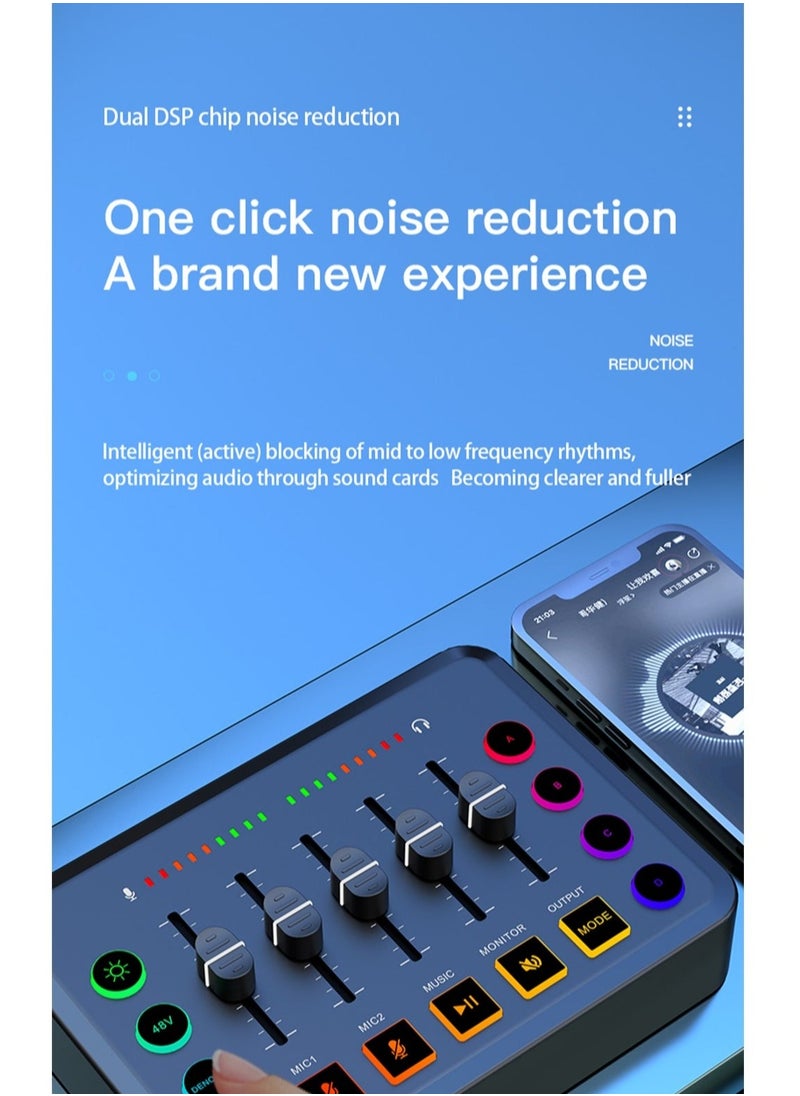 HD Gaming Audio Mixer Set Rechargeable Audio Interface RGB Mixer with XLR Mic Interface 48V Phantom Power for Podcast/Recording