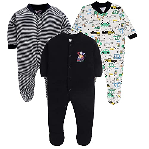 EIO 100% Cotton Baby Rompers Sleepsuits Jumpsuits Night Suits for Newborn Baby Boys & Girls | Soft Infant Bodysuit | Pack of 3 Kids Rompers - Image 1