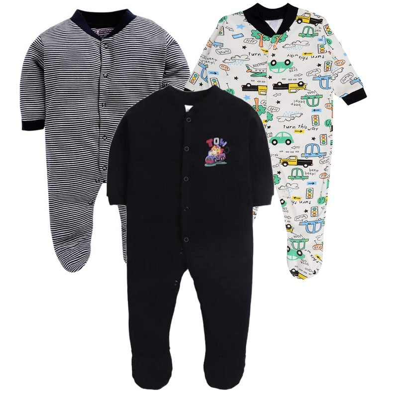EIO 100% Cotton Baby Rompers Sleepsuits Jumpsuits Night Suits for Newborn Baby Boys & Girls | Soft Infant Bodysuit | Pack of 3 Kids Rompers - Image 4