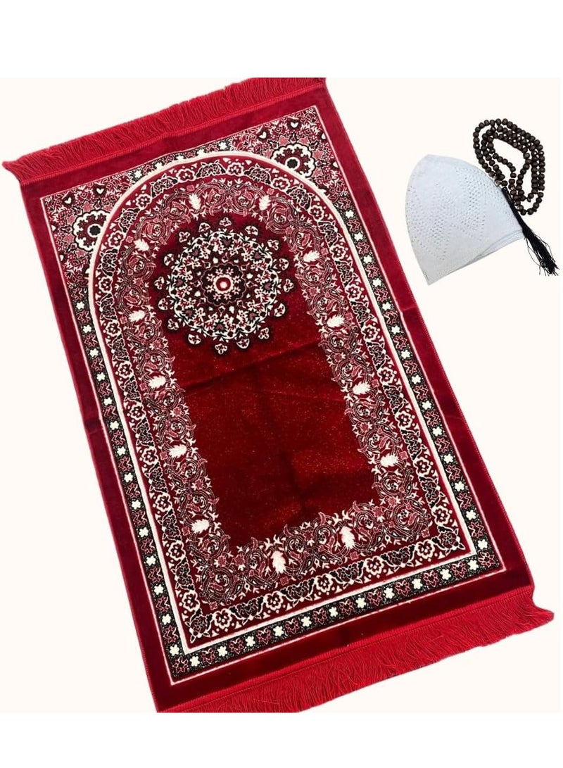 Jinou Prayer Mat with free namaz cap and tasbih beeds – Made With Premium Quality Soft Turkish Velvet – Ramadan Gift Prayer Rug for Men, Women and Grandparents and Kids (Turkish, Red)