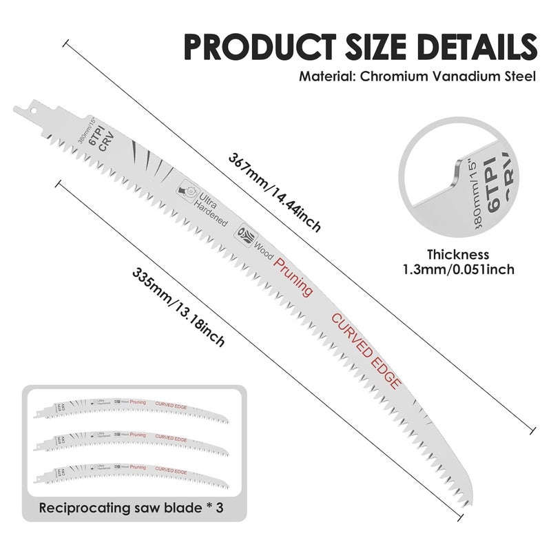 3Pcs 14.4 Inch Chrome Vanadium Steel Reciprocating Saw Blades 6TPI For Tree Trimming Wet Dry Wood Cutting - Image 3