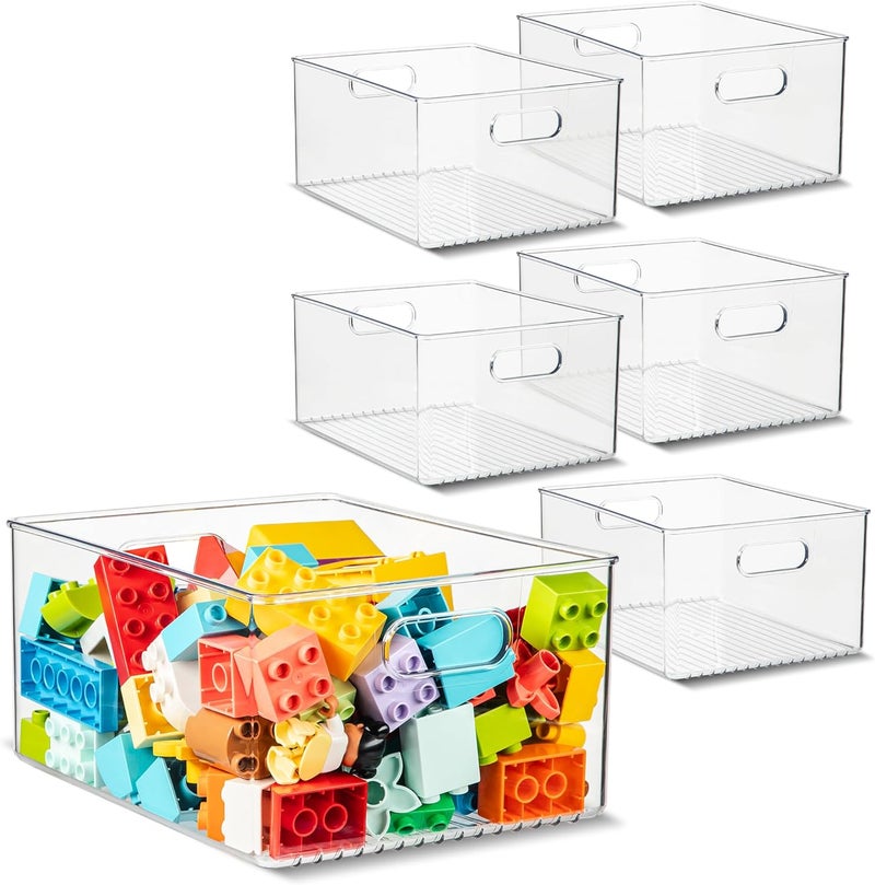 PrimeBox Plastic Food Storage 6 Pack Clear Container Bin with Handles for Organizing Kitchen, Pantry, Refrigerator, Freezer, Pantry, Cabinet, Closet, Bathroom 10”x8”x5” - Image 1
