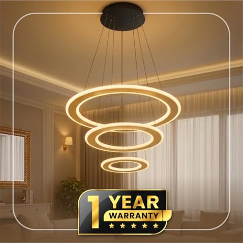 Lamp master 3 Ring Modern LED Chandelier Ceiling Lamp | Gold Finish Pendant Light | Decorative Chandelier for Living Room, Dining Room, Bedroom, Restaurants & Cafe Interior | 1-Year Warranty - Image 3