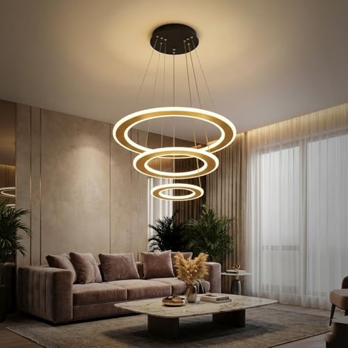Lamp master 3 Ring Modern LED Chandelier Ceiling Lamp | Gold Finish Pendant Light | Decorative Chandelier for Living Room, Dining Room, Bedroom, Restaurants & Cafe Interior | 1-Year Warranty - Image 2