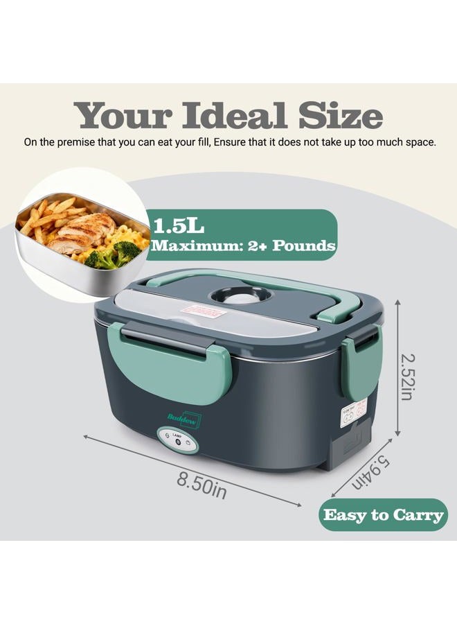 Buddew Electric Heated Lunch Box for Adults - 80W Fast Heating, 1.5L Food-Grade Stainless Steel, 12V/24V/110V Portable Food Warmer for Work Travel Car, Lonchera Electrica Portatil (Green) - Image 3