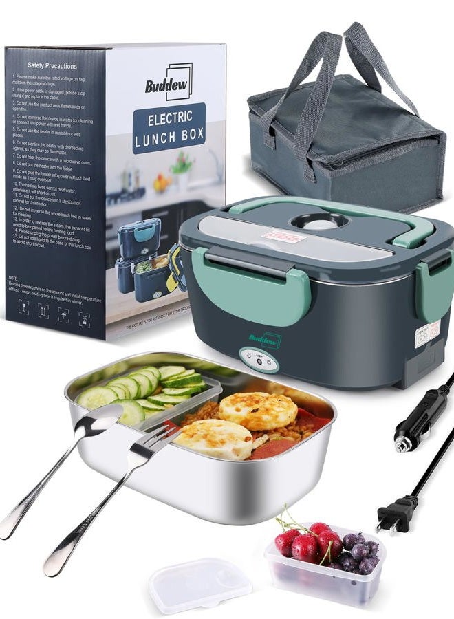 Buddew Electric Heated Lunch Box for Adults - 80W Fast Heating, 1.5L Food-Grade Stainless Steel, 12V/24V/110V Portable Food Warmer for Work Travel Car, Lonchera Electrica Portatil (Green) - Image 1
