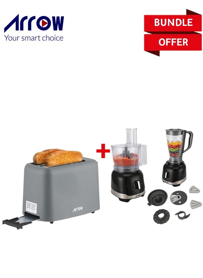 Arrow Bundle - 2-Slice Plastic Toaster 650W + 8-in-1 Food Processor, 2.4L, 800W, RO-02TD+RO-07FPD  - Image 1
