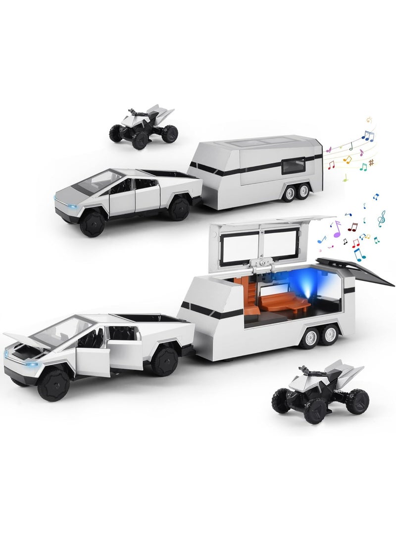 Oasisgalore Tesla Cybertruck and Trailer Toy Set | Pull-Back Metal Die-Cast Car with Vibrant Sound & Light | 1/32 Scale Model | Fun Educational Gift for Ages 4-7 - Image 1