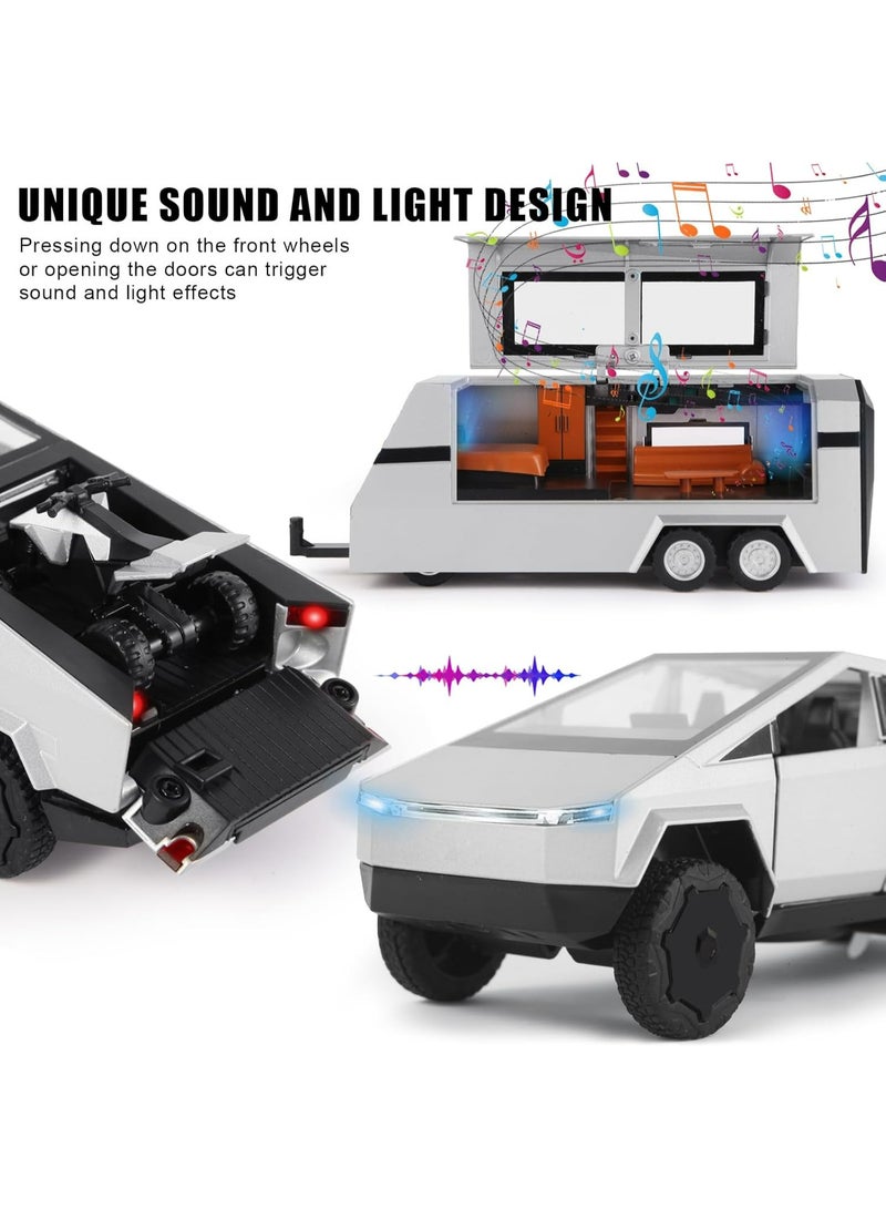 Oasisgalore Tesla Cybertruck and Trailer Toy Set | Pull-Back Metal Die-Cast Car with Vibrant Sound & Light | 1/32 Scale Model | Fun Educational Gift for Ages 4-7 - Image 3