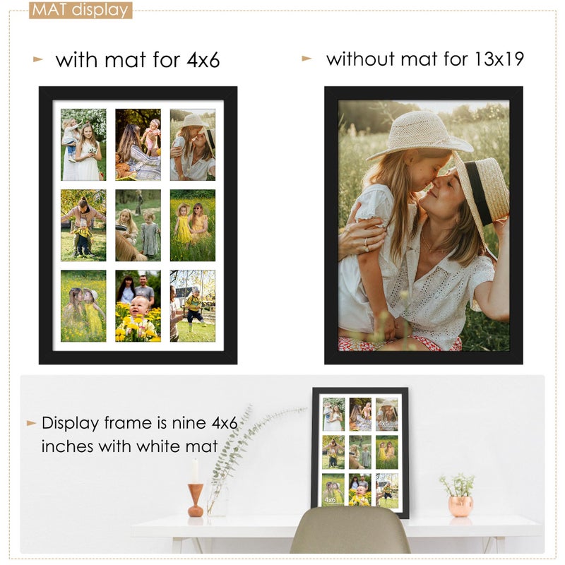 DUENPY 13x19 Collage Picture Frame 4x6 Picture Frames Collage Wall Decor Displays Nine 4x6 inch Photos Available Horizontal Wall Mounting Display and Vertical Black - Image 1