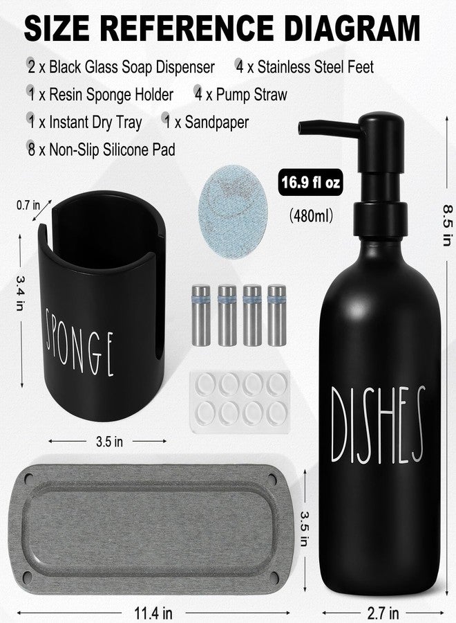 TOLDATLI Kitchen Soap Dispenser Set, 16.9 fl oz Hand and Dish Soap Dispensers with Tray, Black Kitchen Soap Dispenser Set with Sponge Holder, Instant Dry Tray, Countertop Sink Organizer Accessories - Image 2