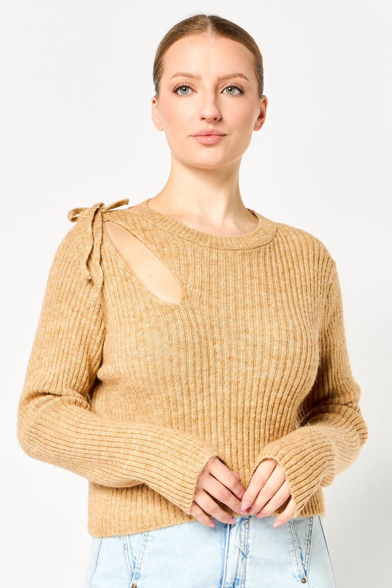 Reserved Women Ribbed Neck Knitted Sweater, Beige - Image 1