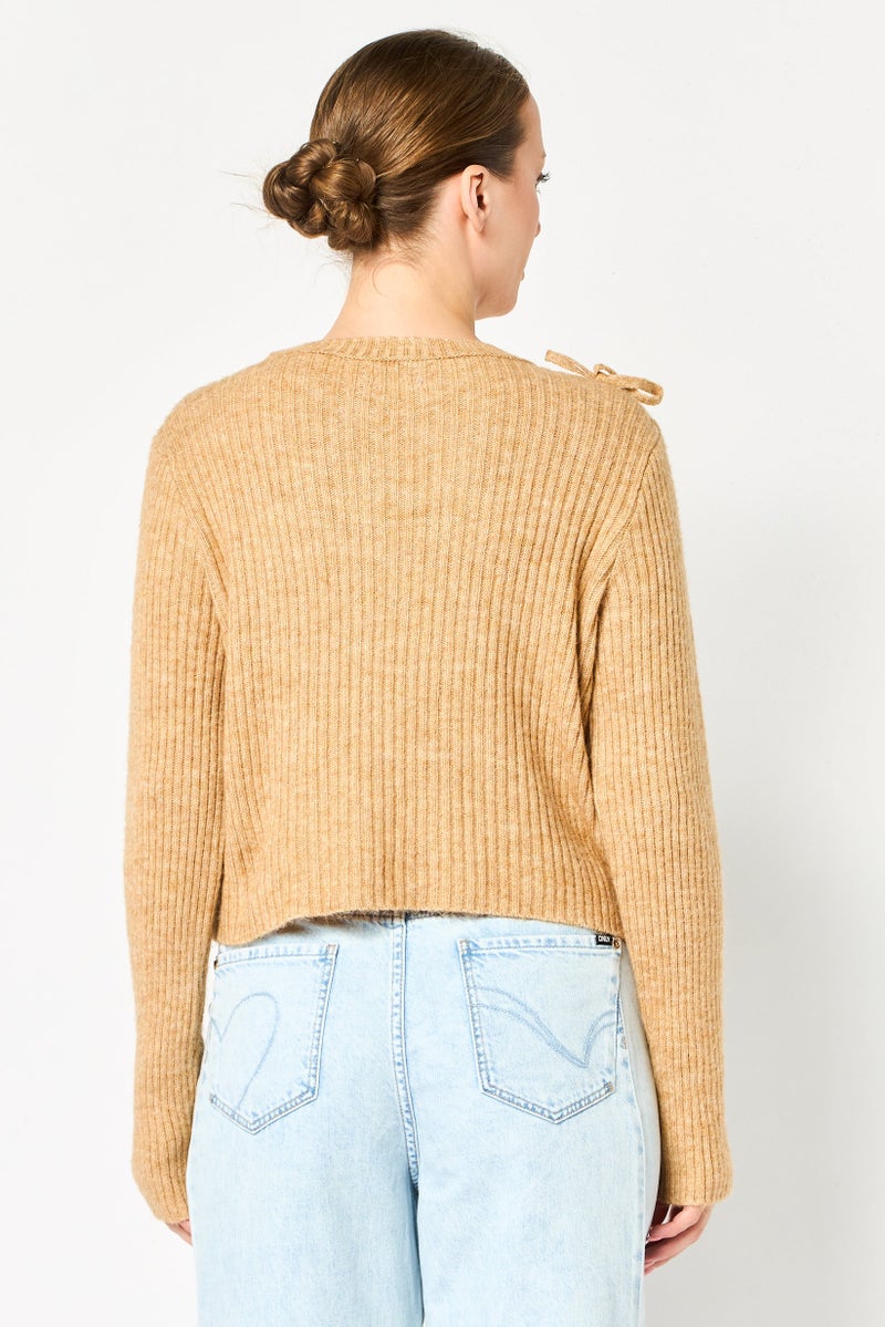 Reserved Women Ribbed Neck Knitted Sweater, Beige - Image 3