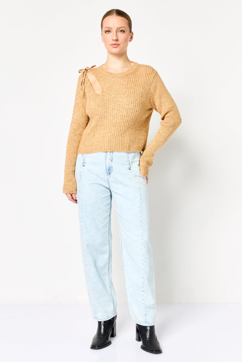 Reserved Women Ribbed Neck Knitted Sweater, Beige - Image 2