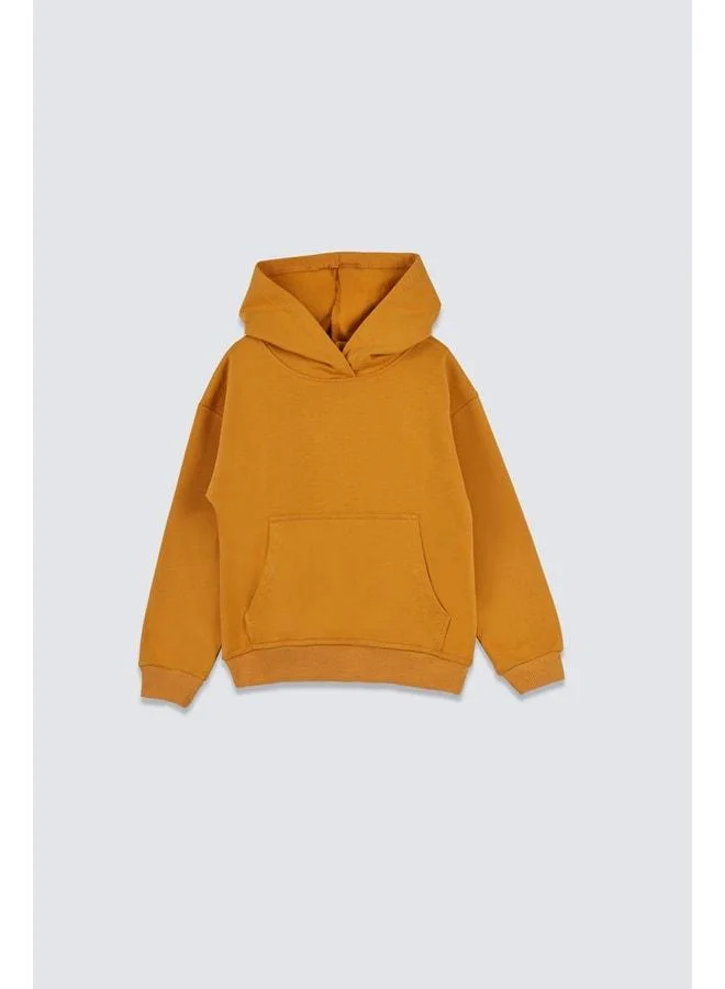 Zuzunga Basic Hooded Ribbed Kangaroo Pocket Detailed Kids Sweatshirt 3-10 Years Mustard.