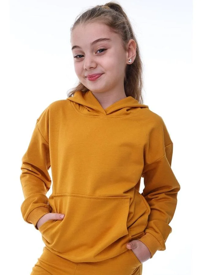 Zuzunga Basic Hooded Ribbed Kangaroo Pocket Detailed Kids Sweatshirt 3-10 Years Mustard.