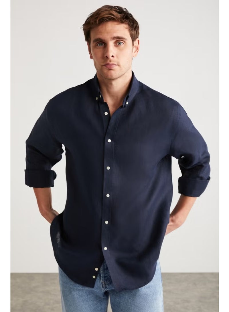 GRIMELANGE Brice Men's 100% Linen Fabric Flowy Navy Blue Shirt - Image 5