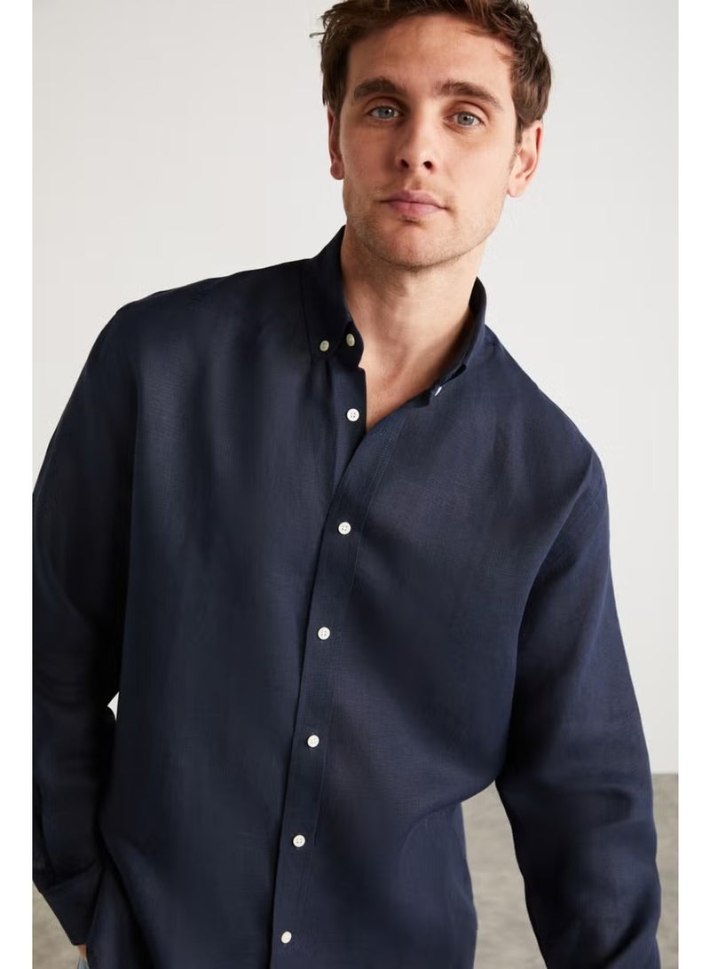 GRIMELANGE Brice Men's 100% Linen Fabric Flowy Navy Blue Shirt - Image 4
