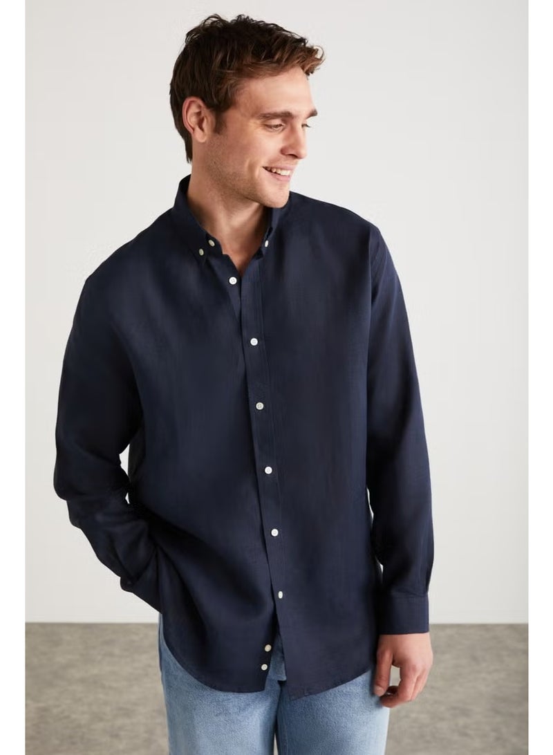 GRIMELANGE Brice Men's 100% Linen Fabric Flowy Navy Blue Shirt - Image 1