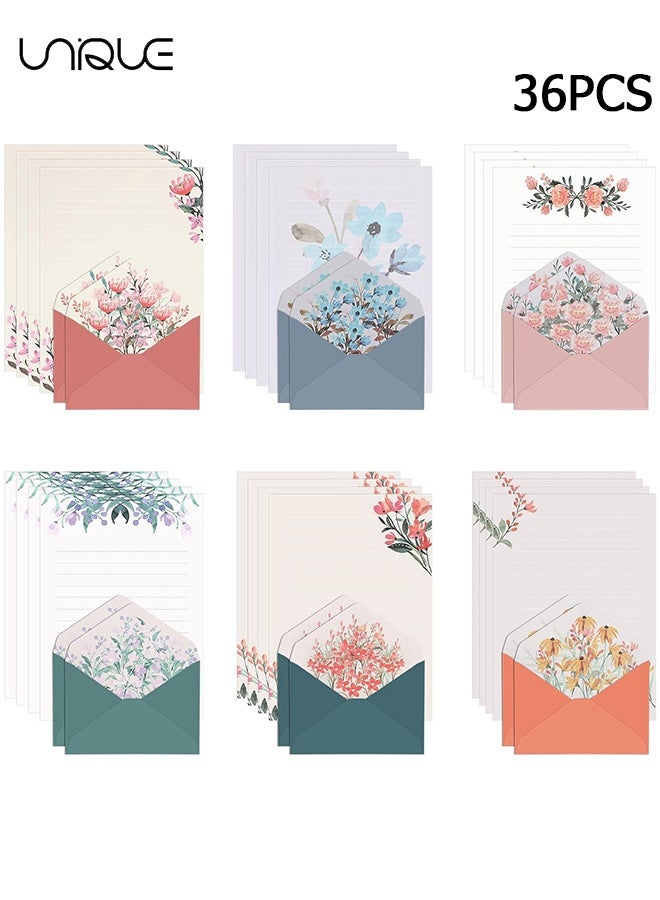يونيك طقم 36 قطعة من أوراق الكتابة والظروف - طقم قرطاسية ذو طابع أزهار دافئ - 24 ورقة كتابة ذات خطوط مع 12 ظرفًا، لدعوات الزفاف والتمنيات - Image 1